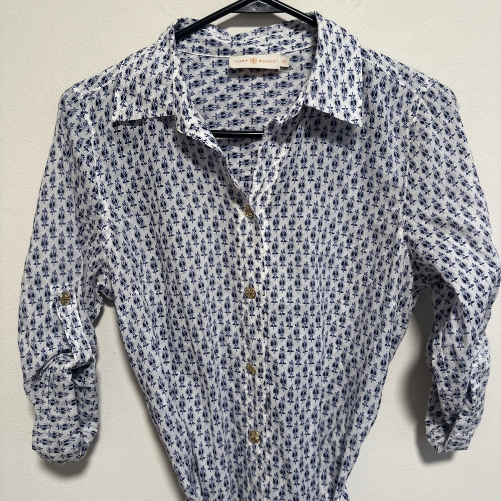 Tory Burch Women's 100% Cotton Blouse Top Tie Belt Size XS Navy Blue & White - Picture 2 of 5